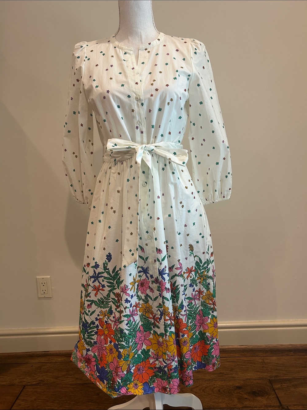 Talbots Cream Midi Dress with Multicolor Floral Border and Tie Waist